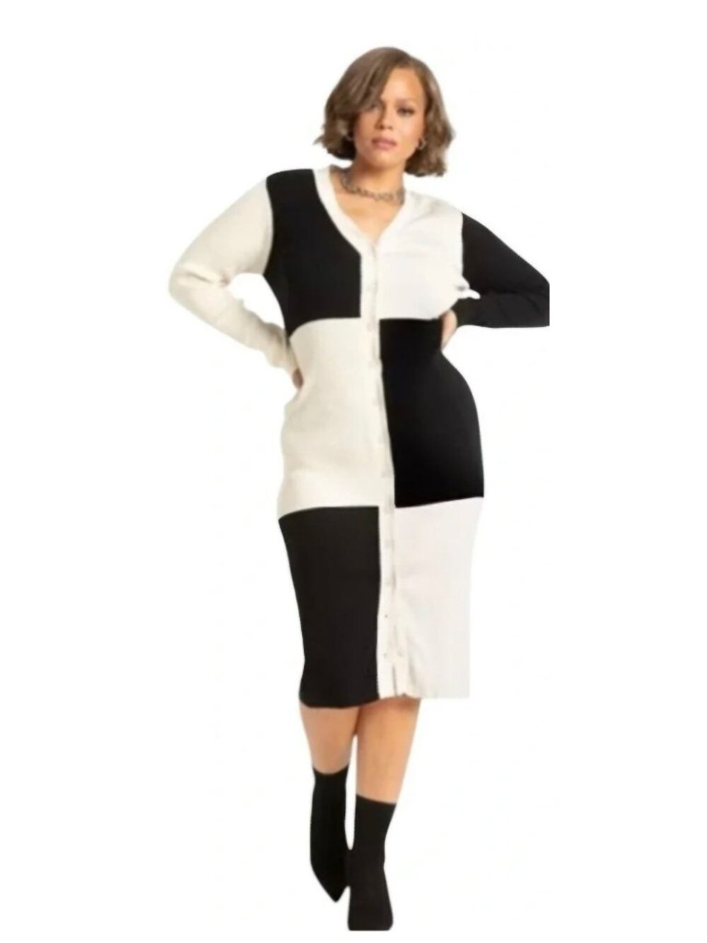 Eloquii Cream/Black Large Check Button Front Sweater Dress Cardigan 22/24 EUC
